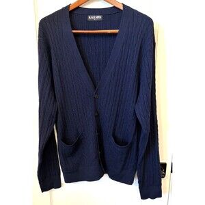 Kallspin Cable Knit Cardigan Cashmere Wool Blend Navy Blue L Preppy Academia